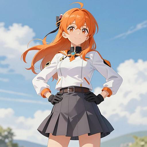 Digital anime-style drawing of a confident, orange-haired girl with large eyes, wearing a white shirt, black skirt, gloves, and black belt, standing