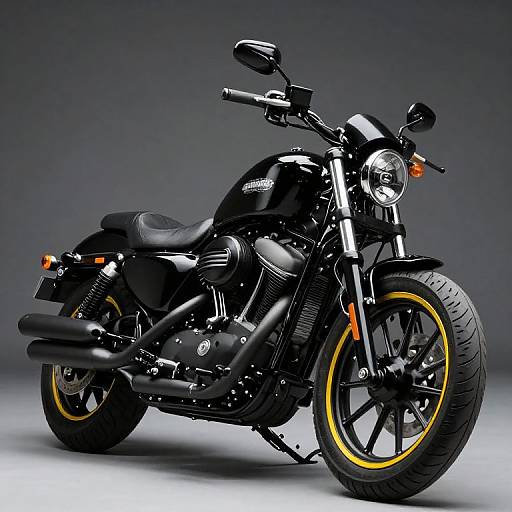 Photograph of a sleek, black Harley-Davidson motorcycle with yellow-rimmed tires and chrome details, set against a gradient gray background.