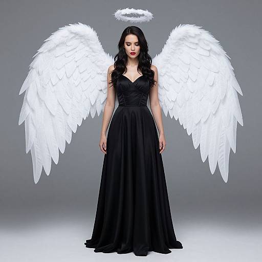Photograph of a pale-skinned woman with long black hair, wearing a black gown and large white angel wings, with a halo above her head,