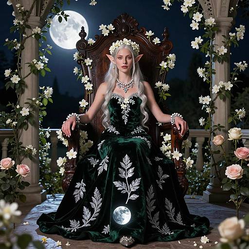 Majestic Elf Queen on Moonlit Throne