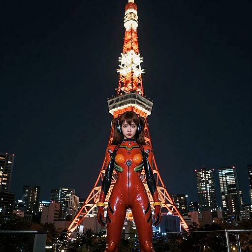 Photograph of a futuristic anime-style woman in a red, glossy bodysuit, standing in front of a brightly lit Tokyo Tower at night, with