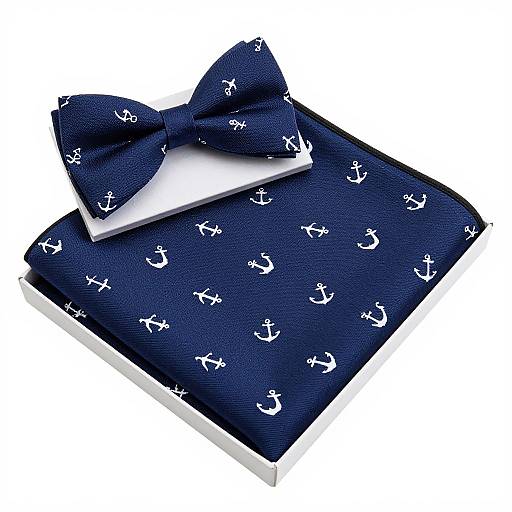 Photograph of a navy blue bow tie with white anchor patterns, lying on top of a matching navy blue pocket square with white anchors, both set against