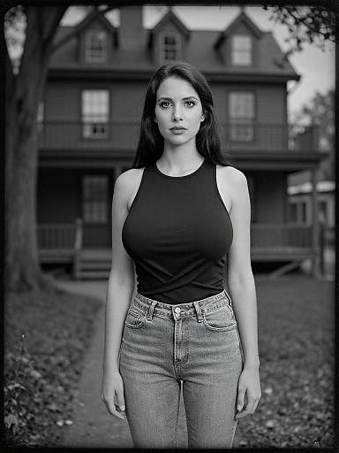 Black-and-white photograph of a young woman with long dark hair, wearing a black sleeveless top and high-waisted jeans, standing in front of