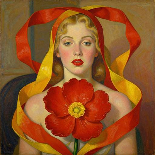 Artistic painting of a blonde woman with red lips, wearing a red and yellow ribbon, holding a large red flower, with a neutral brown background.