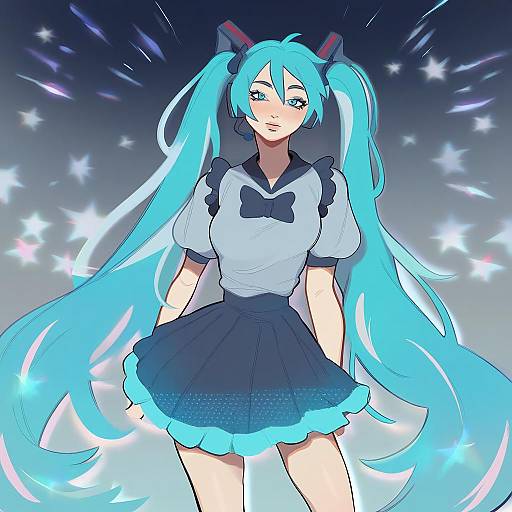 Illustration of Hachune miku, vocaloid in the style of Porqueloin