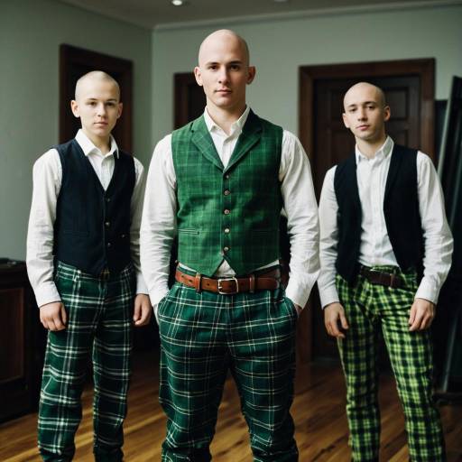 Three Young Bald Men Wearing Plaid Pants and Vests Indoors