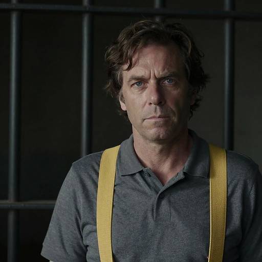 Serious Middle-Aged Man with Suspenders by Bars