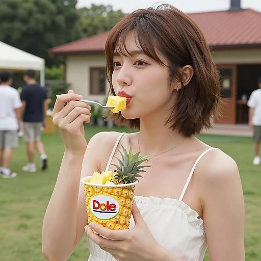Asian Woman Eating Pineapple Outdoors