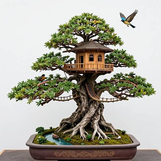 Detailed photograph of a bonsai tree with a wooden treehouse, ladder, small pond, and a blue bird in mid-flight.