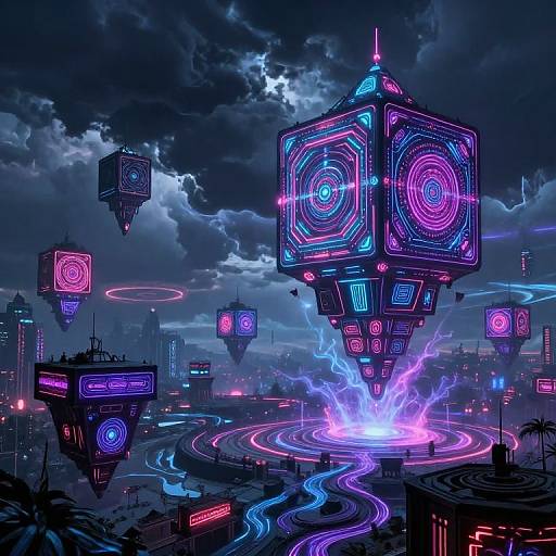 Neon-lit cyberpunk cityscape with floating glowing cubes and holographic rings, vibrant purple and blue lights, swirling rivers of light, and dark