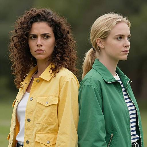 Two women standing outdoors with serious expressions