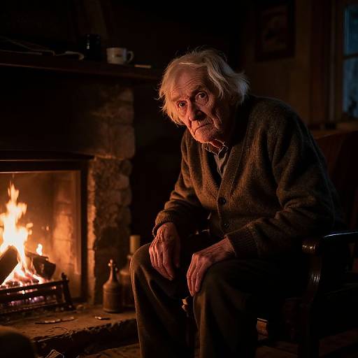 Photograph of an elderly man with white hair, wearing a brown cardigan, sitting by a roaring fireplace in a dimly lit room. Warm,