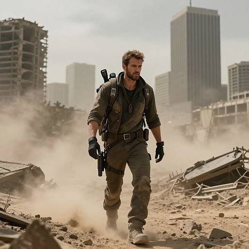 Photograph of a bearded, muscular man in tactical gear with gloves and backpack, walking through a dusty, ruined cityscape with tall, damaged buildings
