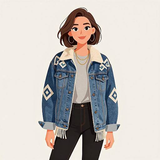 Digital illustration of a smiling young woman with shoulder-length brown hair, wearing a blue denim jacket with white geometric patterns, white shirt, black pants, and