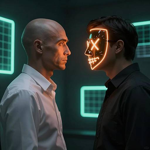 Two Men Facing Each Other in Neon-Lit Room