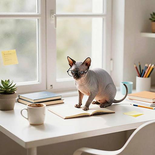 Sphynx Cat Studying at Minimalist Desk