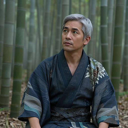 Photograph of an Asian man with short gray hair, wearing a dark blue, patterned kimono, sitting in a bamboo forest.