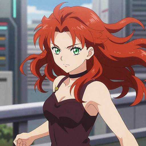 Fiery Redhead Anime Girl in Cityscape