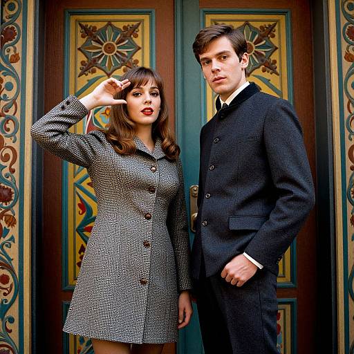 Photograph of a stylish couple standing in front of ornate, colorful doors; woman in black-and-white houndstooth coat, man in black