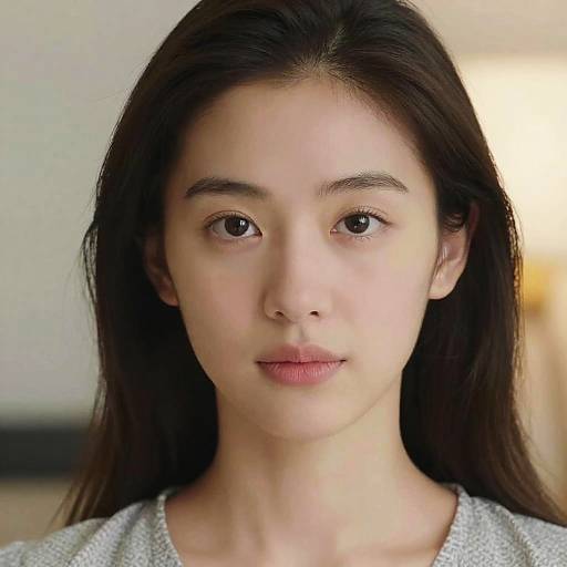 Photograph of a young East Asian woman with long, straight black hair, fair skin, and subtle makeup, wearing a gray top, looking directly at