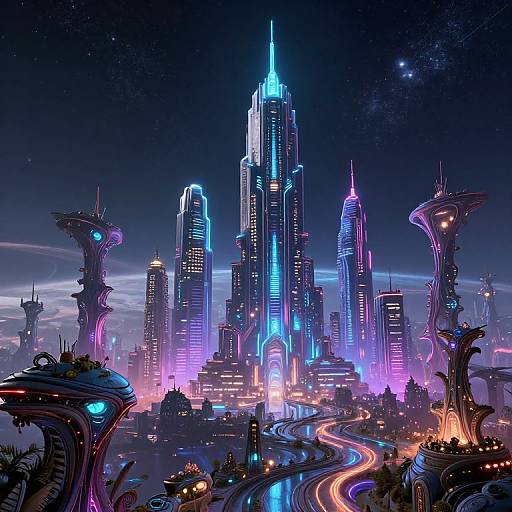 Neon-lit futuristic cityscape with towering skyscrapers, glowing blue and purple lights, winding illuminated road, and whimsical, organic structures under