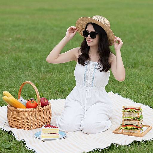 Photograph of a fair-skinned woman with black hair, wearing a white sundress and straw hat, sitting on a blanket in a green field,