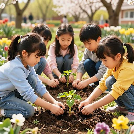 Children Planting Garden in Spring