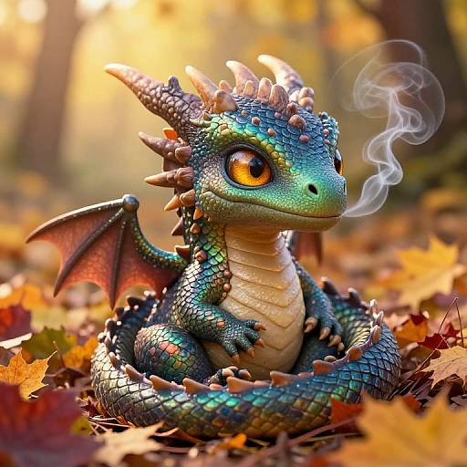 Photorealistic CGI of a cute, green-blue dragon with orange eyes, small wings, and spiky scales, sitting among autumn leaves, with smoke