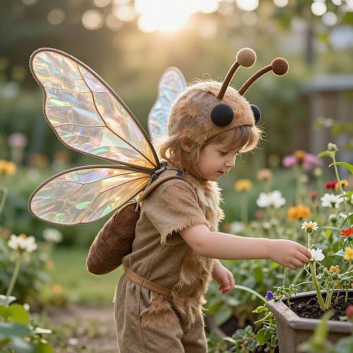 Photograph of a young child in a bug costume with iridescent wings, brown fuzzy outfit, and antennae, tending a garden at sunset