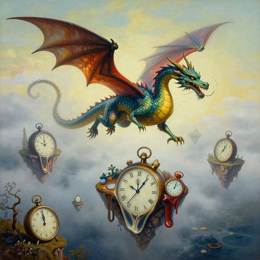 Surreal Dragon in Melting Clock Landscape