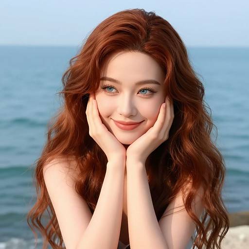 Digital artwork of a smiling young woman with long, wavy auburn hair, blue eyes, and fair skin, hands gently resting on her cheeks