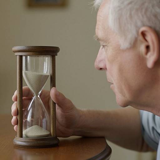 Photograph of an elderly man with white hair intently observing a wooden hourglass on a wooden table, focused on its sand.