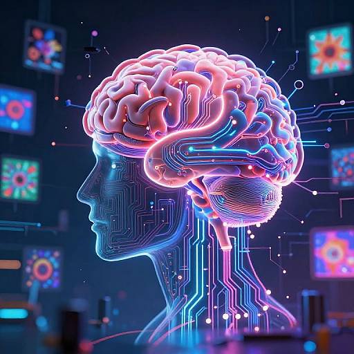 Neon-lit, cybernetic human head with glowing, intricate circuitry and vibrant, neon-blue and pink highlights, surrounded by futuristic, digital