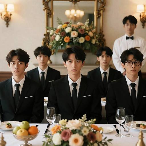 Formal Dining Scene with Intense Expressions