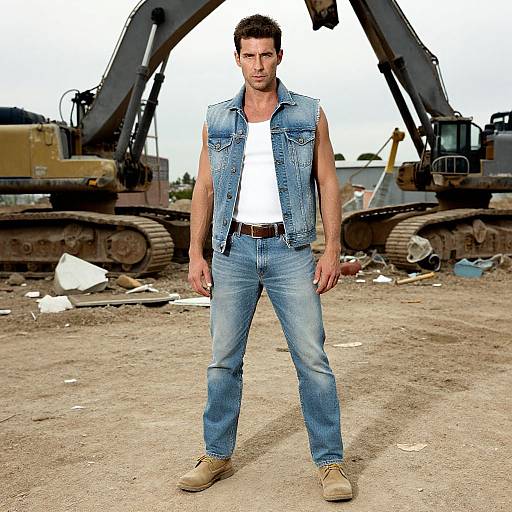 Photograph of a muscular, attractive man with short dark hair, wearing a denim vest, white t-shirt, and blue jeans, standing confidently in front