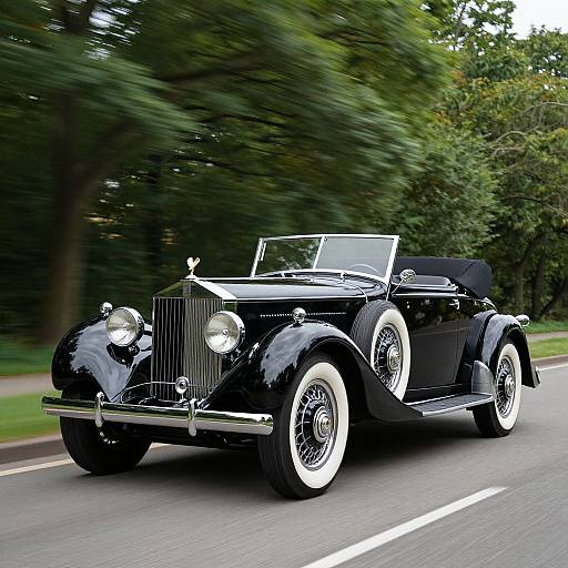 Photograph of a sleek, black vintage convertible car with white-walled tires, driving on a road through a green, blurred forest background.