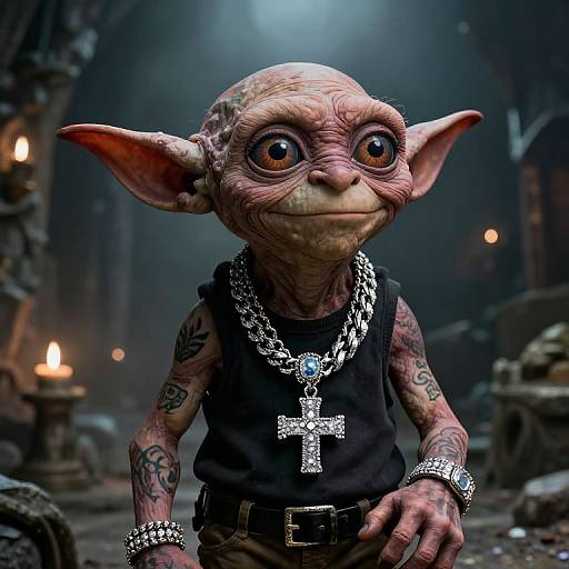 CGI image of a tattooed, goblin-like creature with large ears, big eyes, wearing a black tank top and chain necklace with a cross