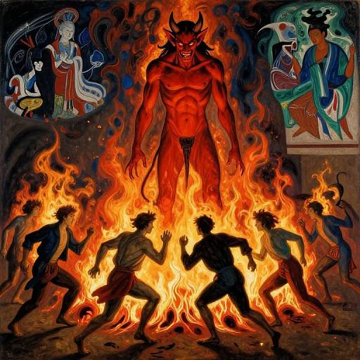 Digital artwork: central demon with red skin, horns, and muscular build stands amidst fiery flames, surrounded by silhouetted figures running. Top left