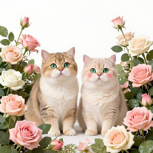 Photograph of two fluffy, cute kittens with green eyes, one orange and one white, sitting among pink and white roses.