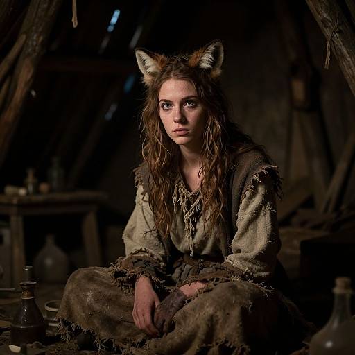 Photograph of a young woman with long, wavy brown hair and fox ears, wearing tattered, earthy-toned clothing, sitting in a