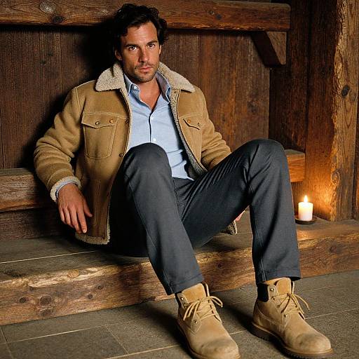 Photograph of a rugged, curly-haired man in a tan shearling jacket, blue shirt, dark jeans, and tan boots, sitting against wooden beams