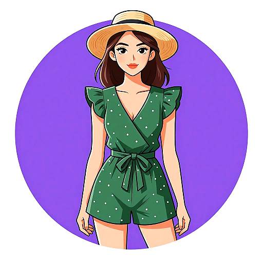 Digital anime-style drawing of a smiling woman with fair skin, dark brown hair, wearing a green polka-dot romper, and a straw hat,