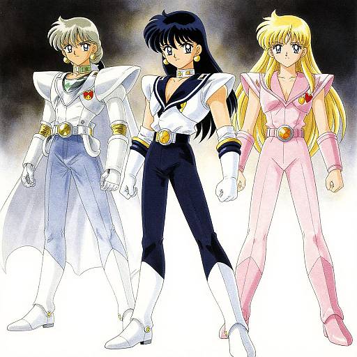 Three anime girls in detailed, colorful outfits: white and blue armor, black sailor uniform, pink jumpsuit. Each with unique hair and accessories. Bright