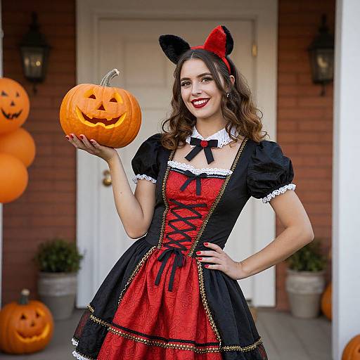 Photograph of a smiling young woman in a black and red Mickey Mouse-inspired Halloween dress, holding a carved pumpkin, with cat ear headband, standing