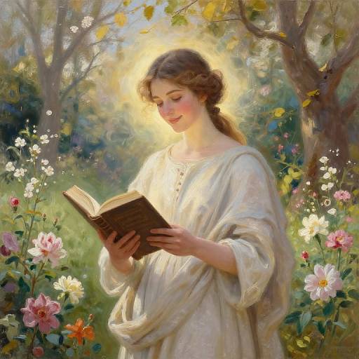 Digital painting of a young woman with a radiant halo, wearing a flowing white dress, reading a book amidst a colorful, sunlit garden filled with blo