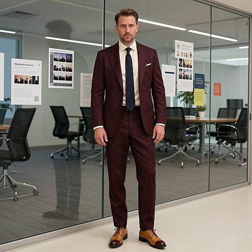 Photograph of a handsome man with short brown hair and beard, in a dark brown suit, white shirt, black tie, and brown shoes, standing