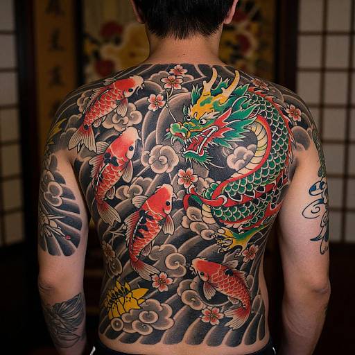 Photograph of a man's back showcasing vibrant, detailed traditional Japanese dragon and koi fish tattoo, set against a dark, shoji screen background.