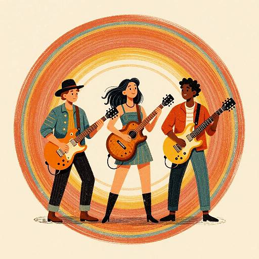Digital illustration of three diverse musicians with guitars, standing in a circular, vibrant orange and yellow gradient background.