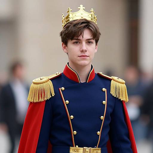 Photograph of a young man with pale skin, brown hair, wearing a gold crown, black military uniform with red epaulettes and red cape