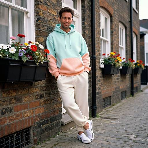 Photograph of a casually dressed man in a light blue and peach hoodie, white pants, and white sneakers, leaning against a brick building with flower boxes